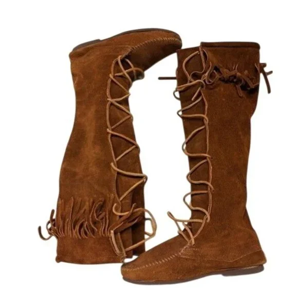 Minnetonka Womens Brown Suede Leather Knee High Lace-Up Fringe Moccasin Boots - Picture 1 of 3